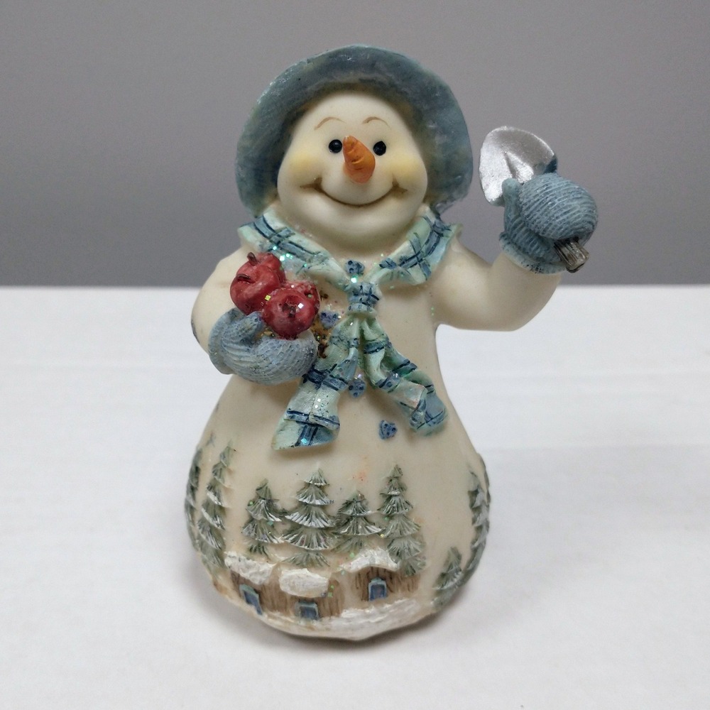 Snowman Figurine with Blue Hat Plaid Scarf Shovel and Berries Winter Decor